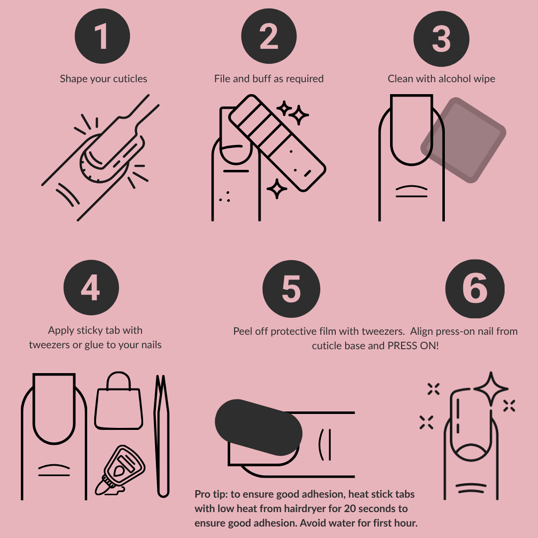 Step-by-step guide for applying press-on nails.